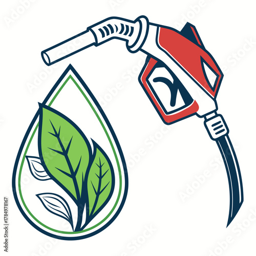 Green fuel pump nozzle dispensing a drop of liquid with leaves inside