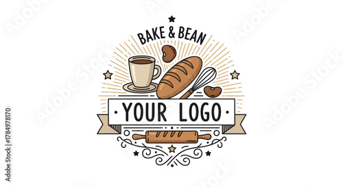 Charming bakery and coffe shop logotype with fresh bread and warm beverage