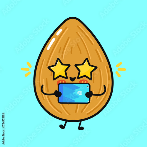 Kawaii almond character looking at a tablet screen