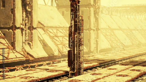 Tableau sur toile Rusty structures loom in a deserted industrial site, surrounded by dust