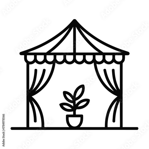 Outline vector illustration of an elegant garden gazebo tent with a green potted plant inside, ideal for outdoor events, relaxation, and nature icons.