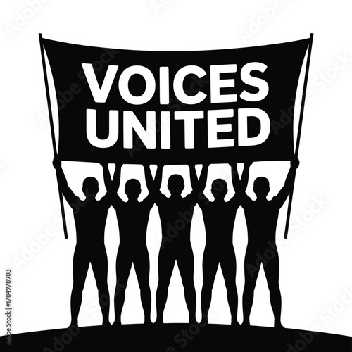 Group of silhouetted people holding a 'voices united' banner, symbolizing unity, protest, activism, and collective action for social change