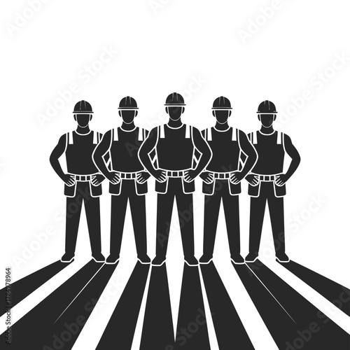 Five male construction workers in hard hats and tool belts stand united, their strong silhouettes and long shadows symbolizing teamwork and industry. 