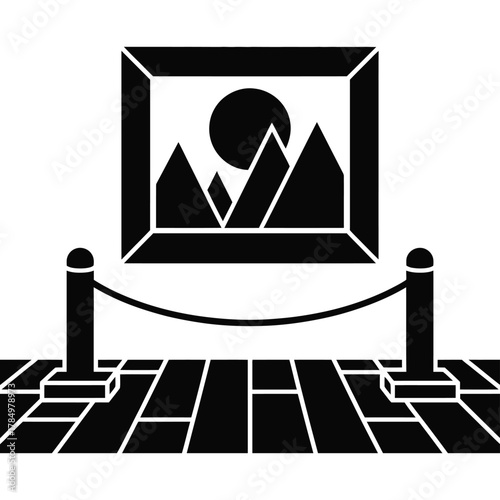 Museum exhibit icon. framed landscape artwork with mountains and sun, protected by a rope barrier, symbolizing art display, culture, and exhibit.