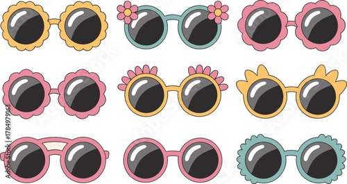 Set of Nine Novelty Round Sunglasses Retro Summer Icons Vector