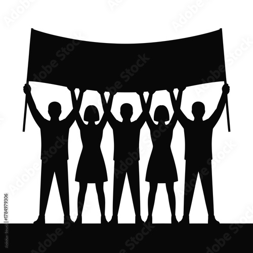 Group of diverse people silhouettes standing together, holding a large blank banner above their heads, symbolizing protest, unity, and activism.