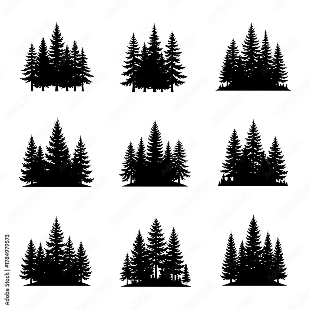 Fototapeta premium Collection of Black Pine Tree Silhouettes on White Background, Minimalist Evergreen Forest Design for Logo, Nature Icon, and Vector Graphic Elements