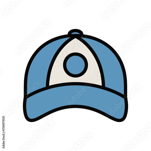 Simple cartoon illustration of a light blue and white baseball cap, a classic casual headwear accessory, featuring a prominent front panel and curved brim on a clean background.