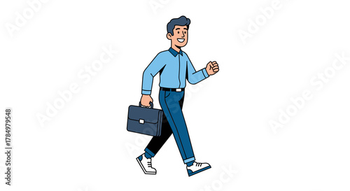 Cartoon businessman walking cheerfully with briefcase expressing optimism and professional