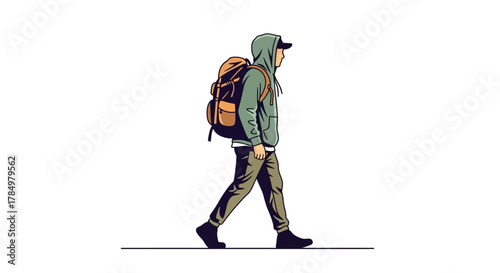 Stylized illustration depicts a traveler with a backpack in motion on white background