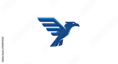 Abstract depiction of a stylized soaring eagle in blue tones on a pristine white backdrop