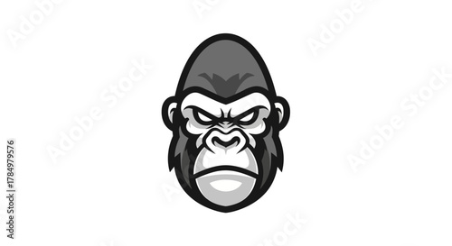A stylized monochrome gorilla head with a stern expression creating an atmosphere of power and