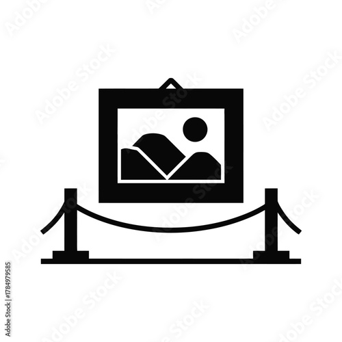 Art gallery exhibit icon representing a framed painting on display, protected by stanchions and a rope barrier, symbolizing culture and security