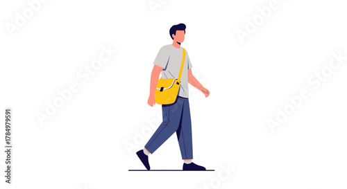 Illustration showcasing a young man casually walking with a messenger bag across a white background