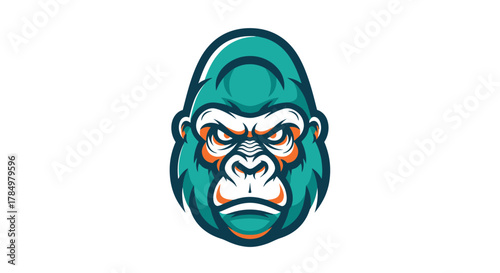 Illustration of an imposing gorilla head in shades of teal and orange against a white backdrop