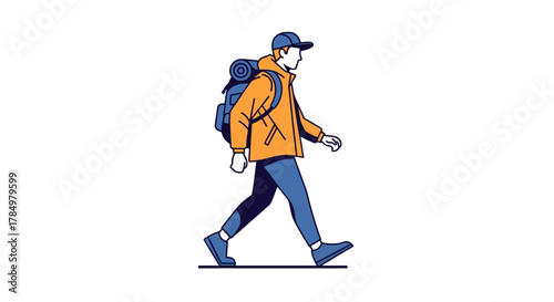 Illustration of a traveler with backpack walking in side view on white background