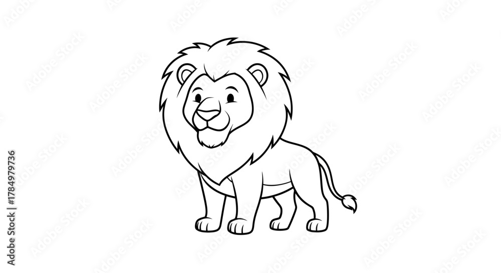 Obraz premium Illustration of a majestic lion with a simple design outlined in black ink, perfect for children's