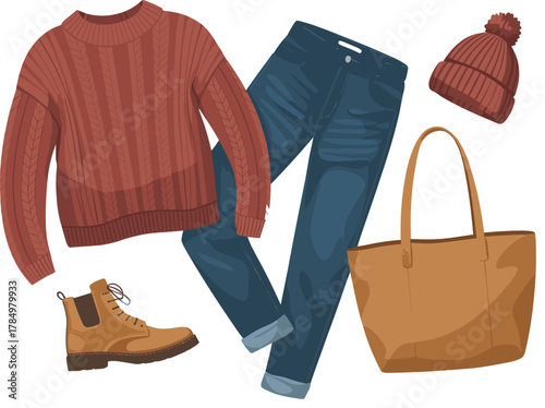 Casual Autumn Women's Outfit Layflat with Sweater Jeans and Boots Vector