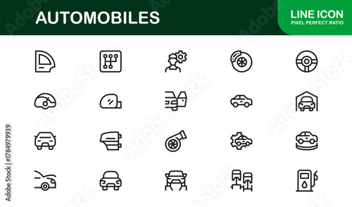 Corporate Automobiles icons set representing vehicle industry, mobility, service, and innovation
