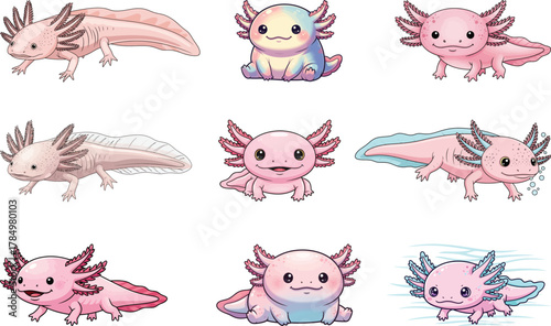 Cute Pink Axolotl Vector Illustrations Set