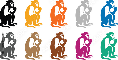 Stylized colorful monkey silhouettes on white background, Colorful monkey animal vector art