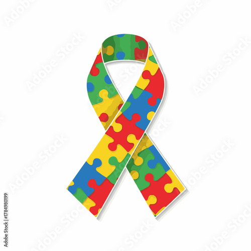 Autism Awareness Ribbon with Colorful Puzzle Pattern Vector Illustration