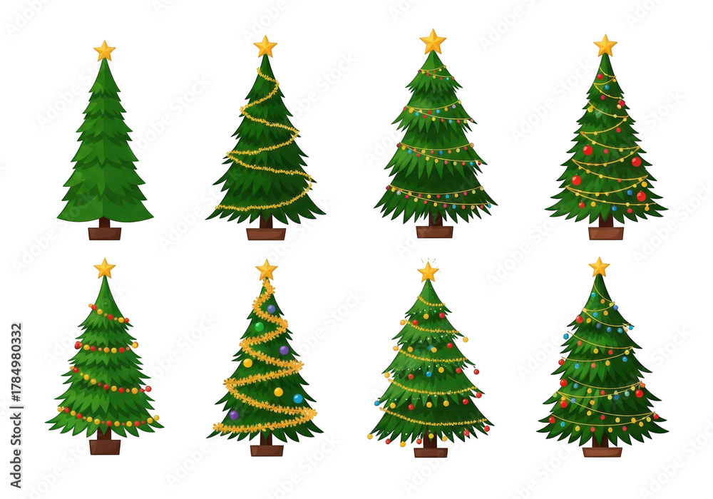 Obraz premium Collection of eight decorated christmas trees isolated on transparent background