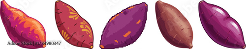 Set of Purple and Orange Sweet Potato Illustrations in Cartoon and Pixel Art Styles for Healthy Food and Root Vegetable Content