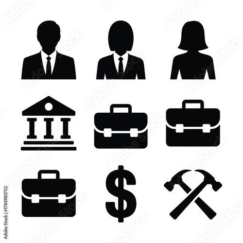 Modern business, finance, and professional icon set featuring diverse people, corporate assets, monetary symbols, essential industry tools, and institutional buildings.