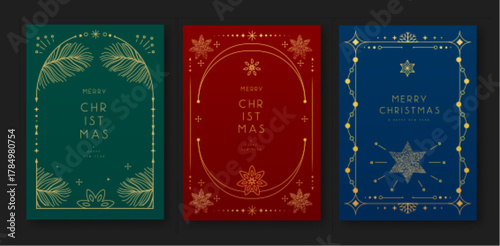 Fotografía Set of modern Christmas frames or holiday greeting cards on emerald green, red and blue backgrounds
