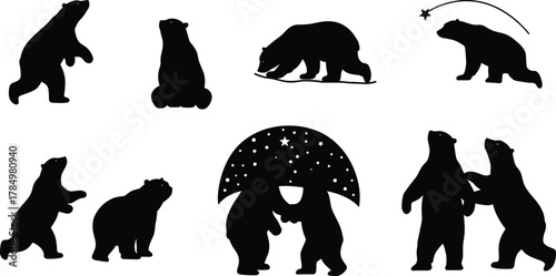 Bear silhouettes, whimsical poses, starry dome, playful animals, forest creatures, black vector, cute bear art, magical wildlife, nature illustration, storytelling theme, night sky, fantasy