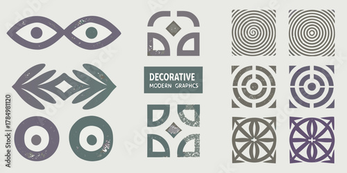 Collection of abstract decorative modern graphic symbols and patterns with a vintage textured effect