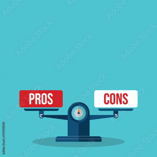 The words pros and cons balanced on a seesaw. Comparing positive advantages or negative disadvantages