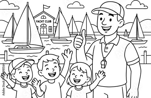 hand drawn vector doodle illustration of yachts club coloring page for kids line art