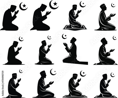 Set of islamic prayer poses with traditional symbols. Faith tradition and spirituality