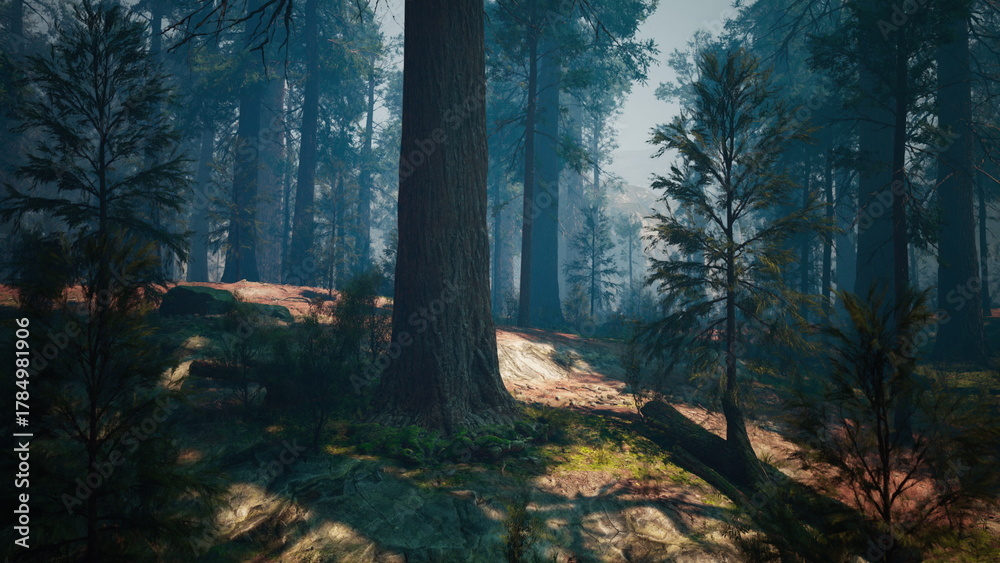 Fototapeta premium Sunlight filters softly through the tall trees in a serene forest. Lush greenery and shadows create a peaceful atmosphere for quiet reflection and exploration.