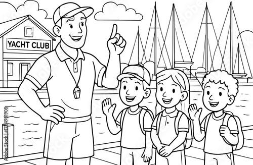 hand drawn vector doodle illustration of yachts club coloring page for kids line art