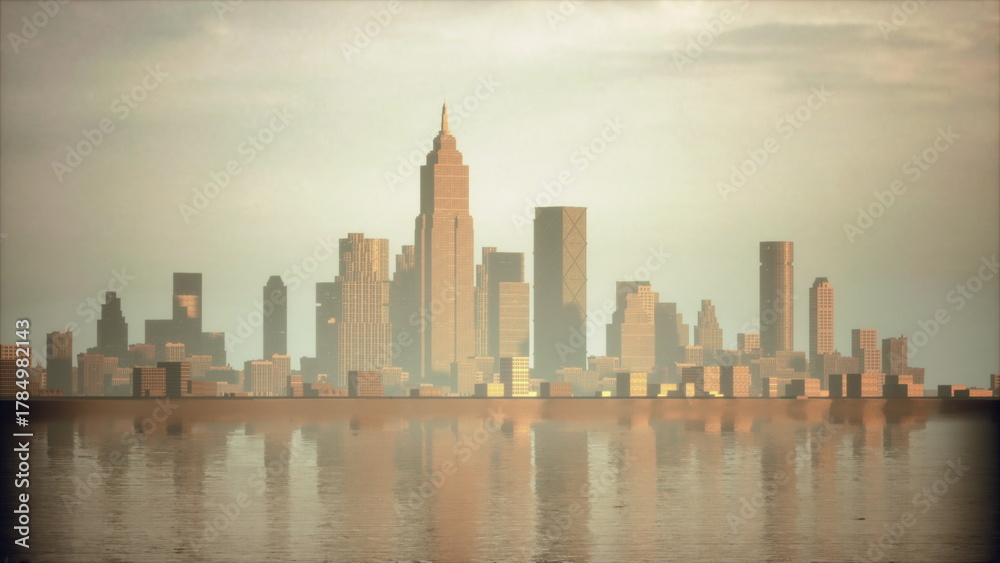 Fototapeta premium Tall buildings dominate the skyline, casting shadows over tranquil water. Soft sunlight glows behind structures, creating a serene atmosphere. A perfect moment of urban beauty.