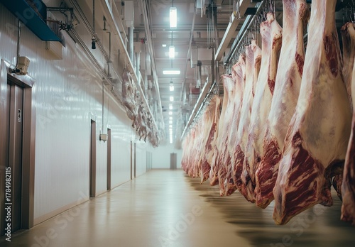 AI generator image of Freezer room, Blast Freezer, very cold for freezing meat and fresh food.Inside a meat processing plant or industrial cold storage room used to store freshly butchered beef 