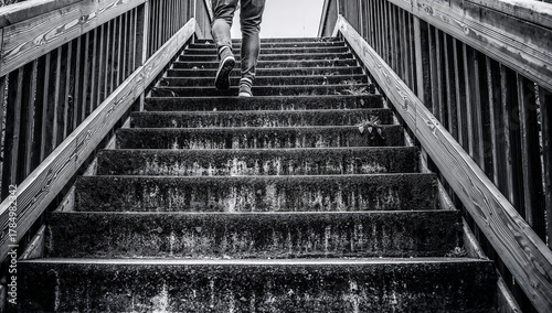 Person ascending outdoor stairs in black and white, leading to an unknown destination
