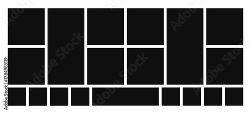 Wide, horizontal photo collage. Geometric grid for arranging numerous images in a mood board, photo gallery