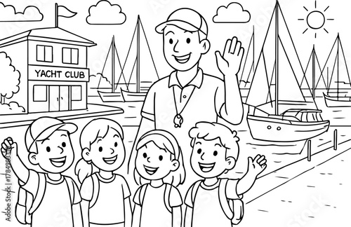 hand drawn vector doodle illustration of yachts club coloring page for kids line art