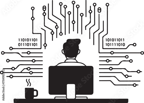 Modern black and white silhouette design illustrating cybersecurity programming and hacking concepts on a computer desk