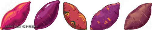 Set of Colorful Sweet Potato Illustrations in Stylized and Pixel Art Styles for Vegan Food and Root Vegetable Content