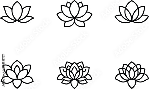 Lotus flower symbol set, minimal floral line art design, sacred bloom vector collection, yoga meditation lotus outline illustration, spiritual beauty icon