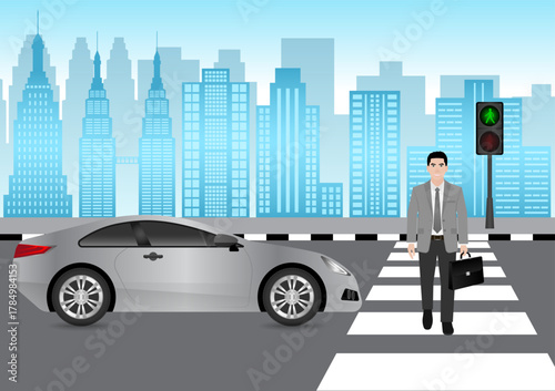 Businessman Walking across Crosswalk in the City. Crosswalk. Pedestrian Crossing Road. Zebra Crossing. Vector Illustration. 