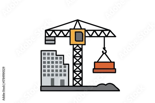 Outline vector icon showing a busy construction site with a yellow crane hoisting materials, representing urban development, real estate, and infrastructure growth