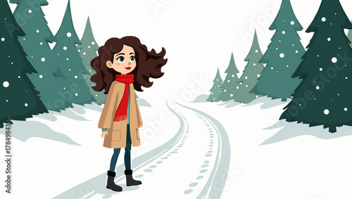 Woman walking snowy trail with curly hair and red scarf near green firs, cozy winter stroll concept