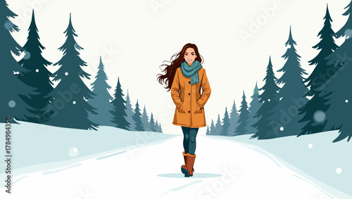 Woman walking snowy trail among pine forest wearing orange jacket and teal scarf, winter recreation concept