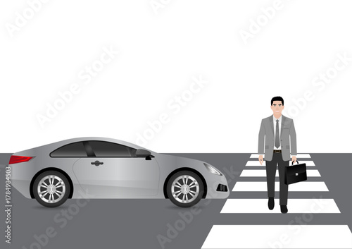 Businessman Walking across Crosswalk in the City. Crosswalk. Pedestrian Crossing Road. Zebra Crossing. Vector Illustration. 